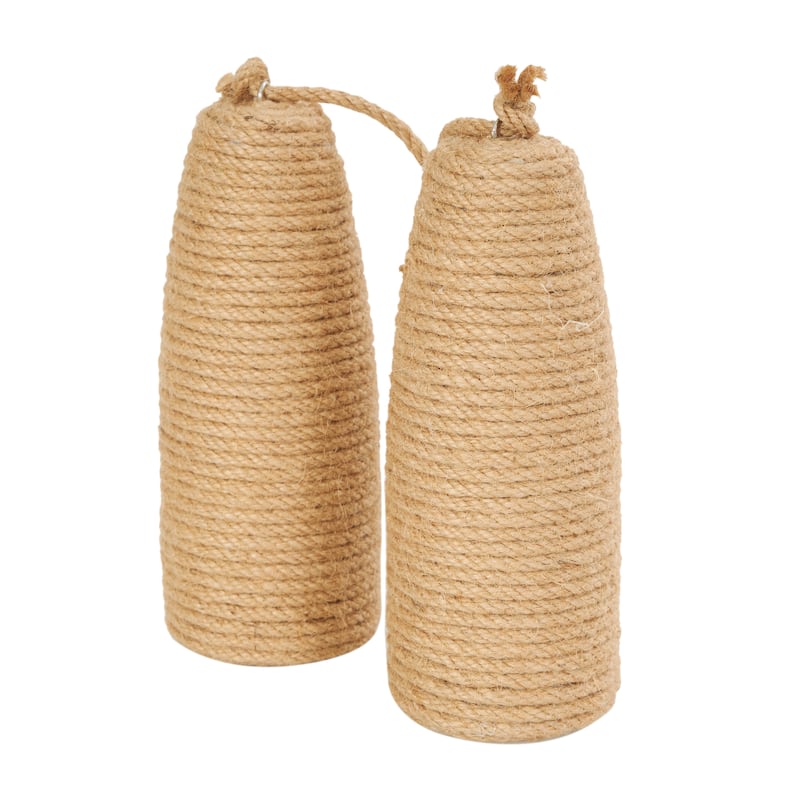 White or Brown Wood Handmade Coiled Striped Rope Buoy Sculpture with Joined Hanging Handle (Set of 2)