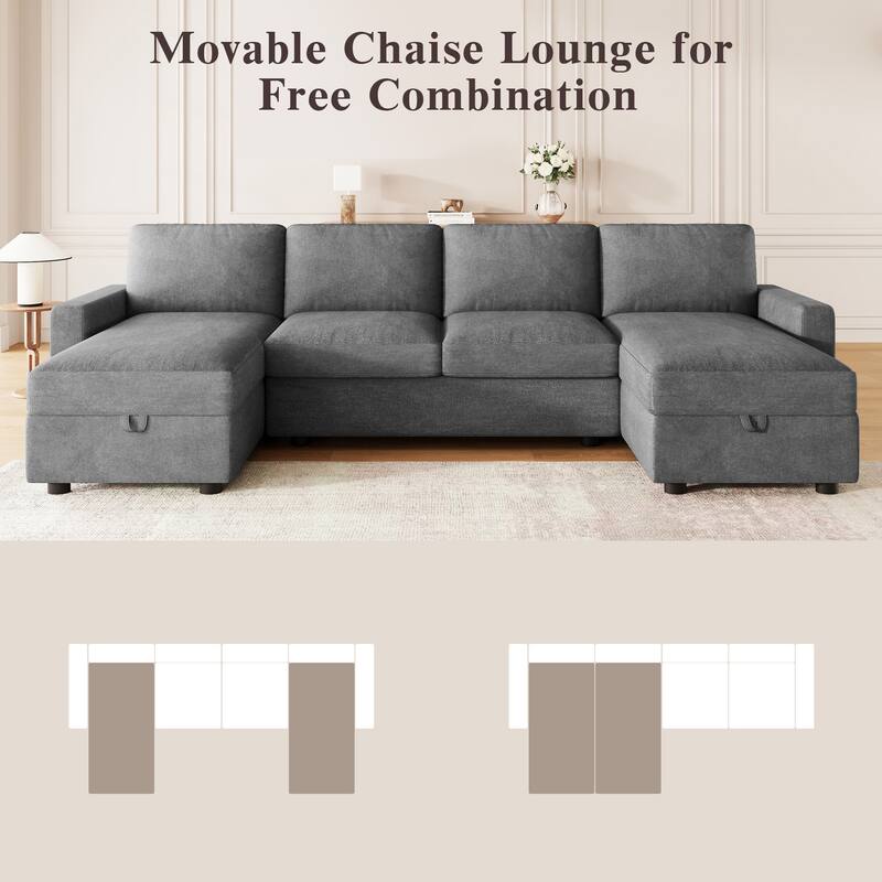 103.9" Sectional Sofa Convertible Sectional Sofa, U-shaped Sofa with Two Storage Chaise Lounges and Four USB Ports