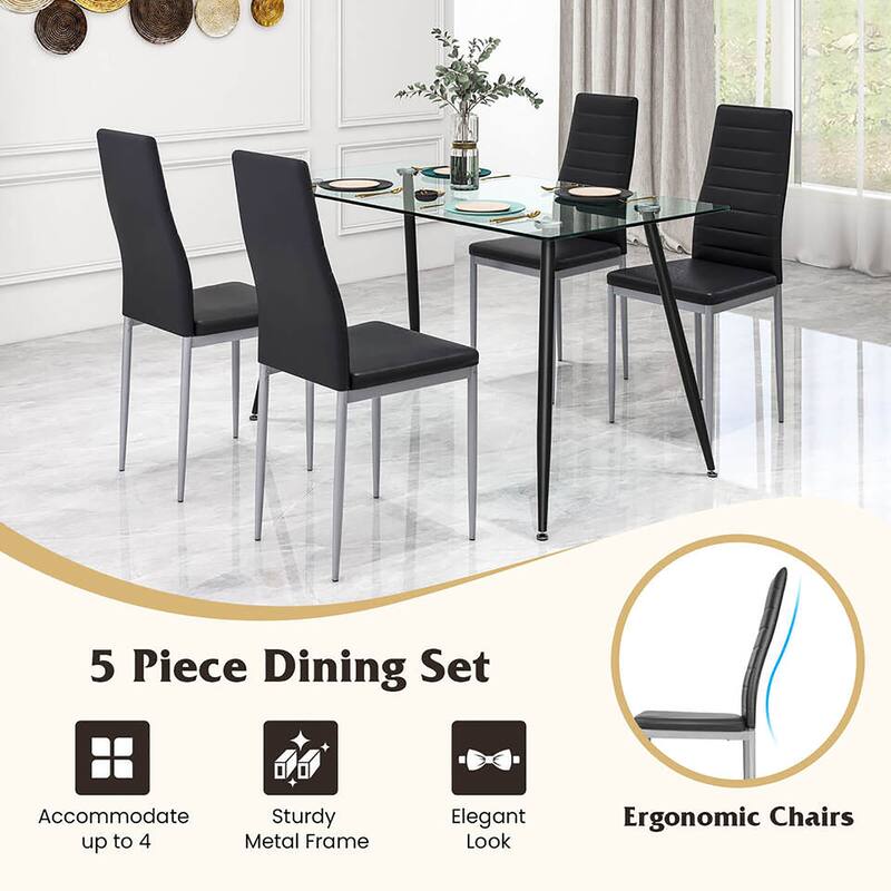 Gymax 5 PCS 51'' Rectangle Dining Set 0.3'' Thick Glass Table w/ 4
