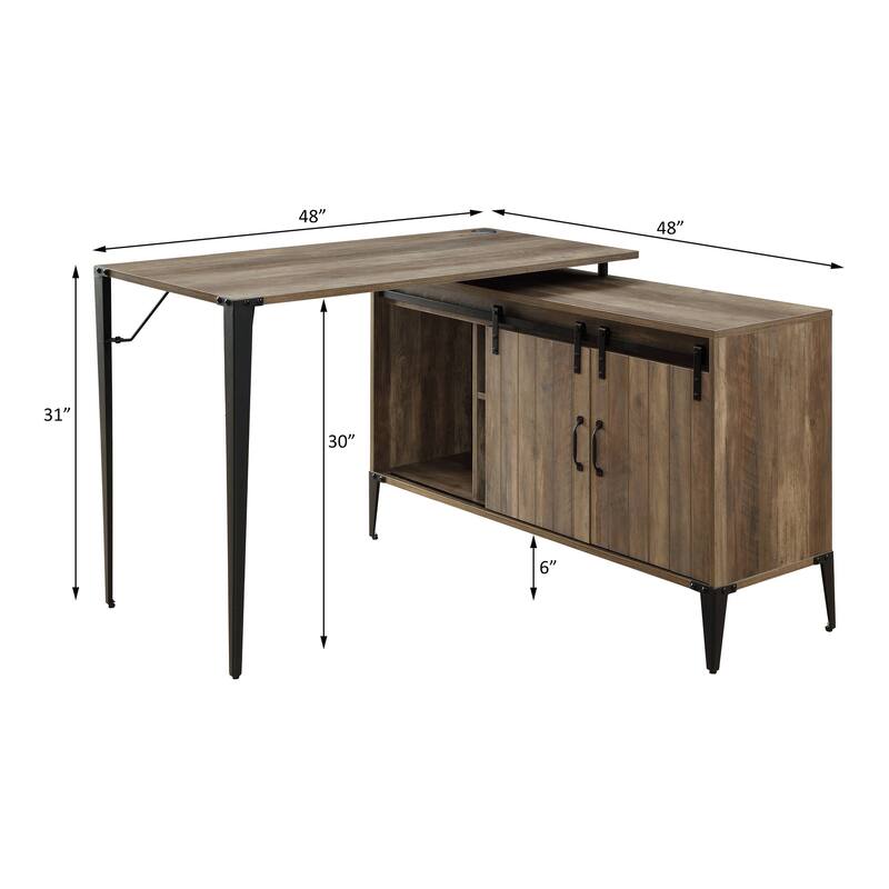 Stylish L-Shaped Writing Desk in Gray Oak & Black or Rustic Oak & Black, with Sliding Barn Door and Metal Legs