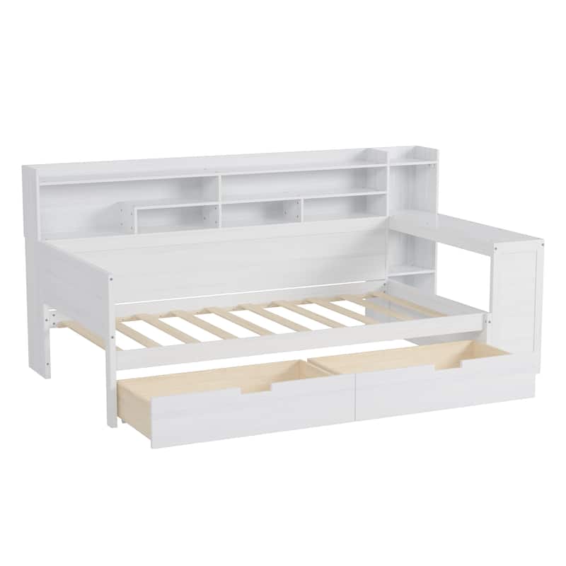 Wooden Twin Size Daybed with Storage Shelves, Multi-functional Bed with 2 Storage Drawers and Study Desk, Antique White