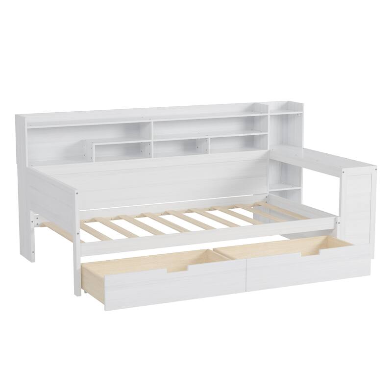 Wooden Twin Size Daybed with Storage Shelves, Two Drawers & Study Desk,Antique White
