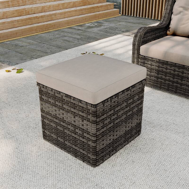 Outdoor Patio PE Wicker Ottoman with Cushion - Khaki/Brown rattan