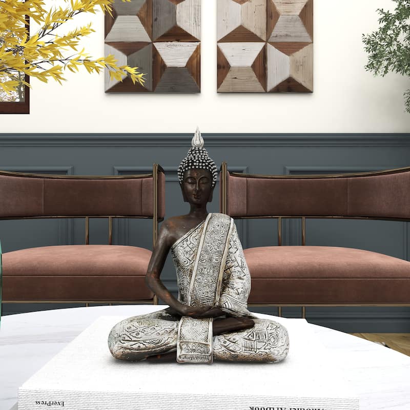 Silver Polystone Meditating Buddha Decorative Sculpture with Engraved Carvings and Relief Detailing