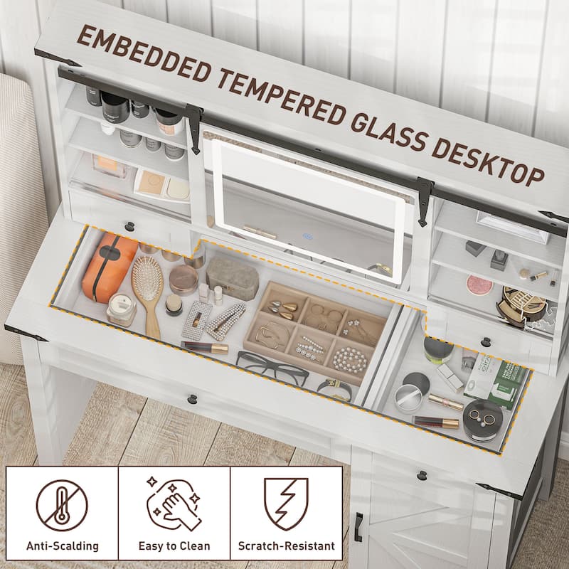 HOMCOM Vanity Desk with Mirror and Lights, 42" Glass Top Makeup Vanity Table Set with 3 Color Lighting, Shelves for Bedroom