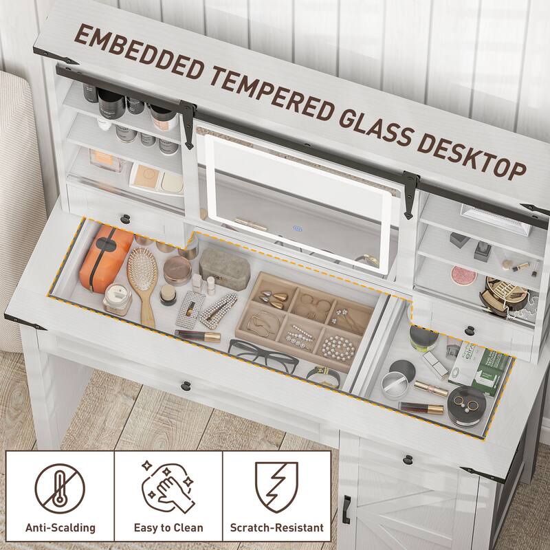 LED Dressing Table With 4 Drawers Cabinet Shelves And Stool - 42" W x 15.9" D x 54.1"H