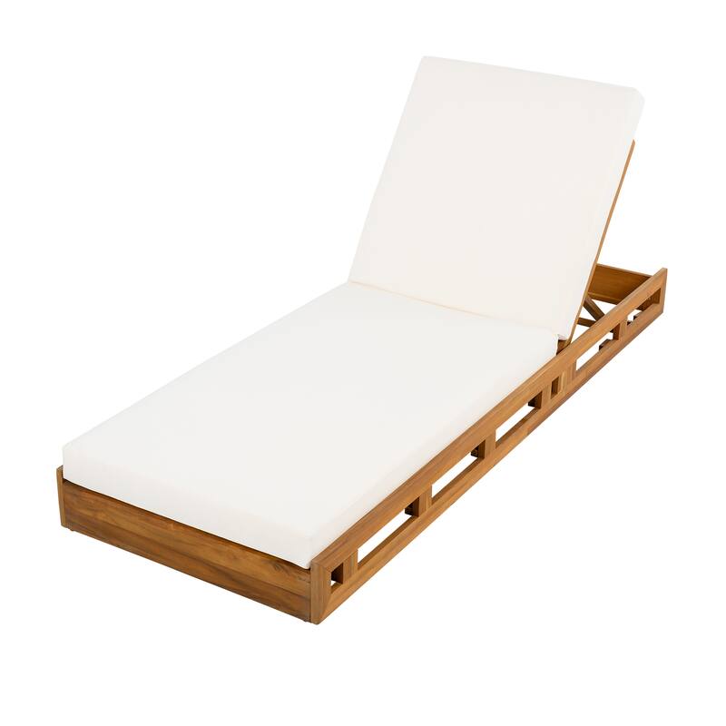 Roomfitters Outdoor Acacia Wood Chaise Lounge with 4 Inch Thick Water-Resistant Cushions Teak Finish