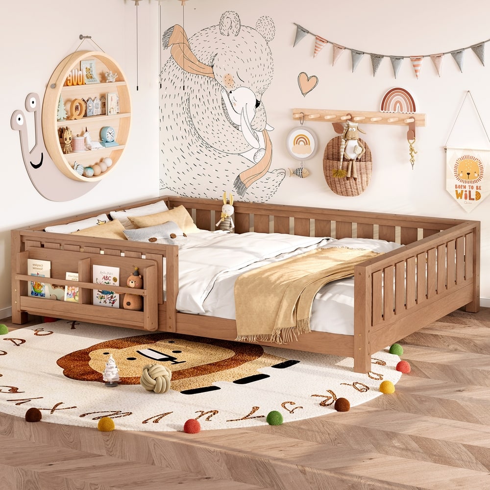 Montessori Floor Bed Low Profile Kids Bed with Rails & Bookshelf