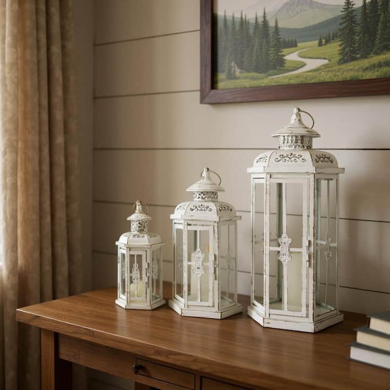 Set of Three White Distressed Filigree Metal Tabletop Lantern Candle Holders - White