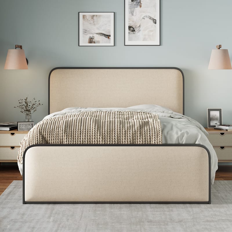 Modern Metal Platform Bed Frame with Curved Upholstered Headboard and Under Bed Storage, Heavy Duty Metal Slats - Beige - King