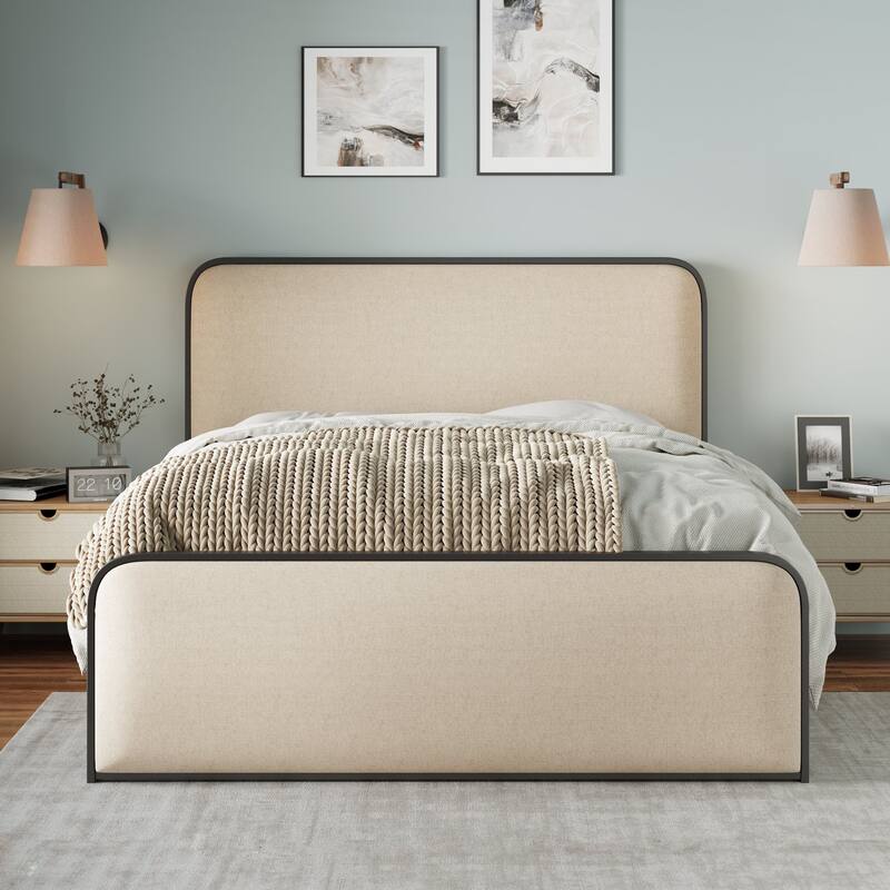 Queen Size Modern Metal Bed Frame with Upholstered Headboard, Under Bed Storage, Beige