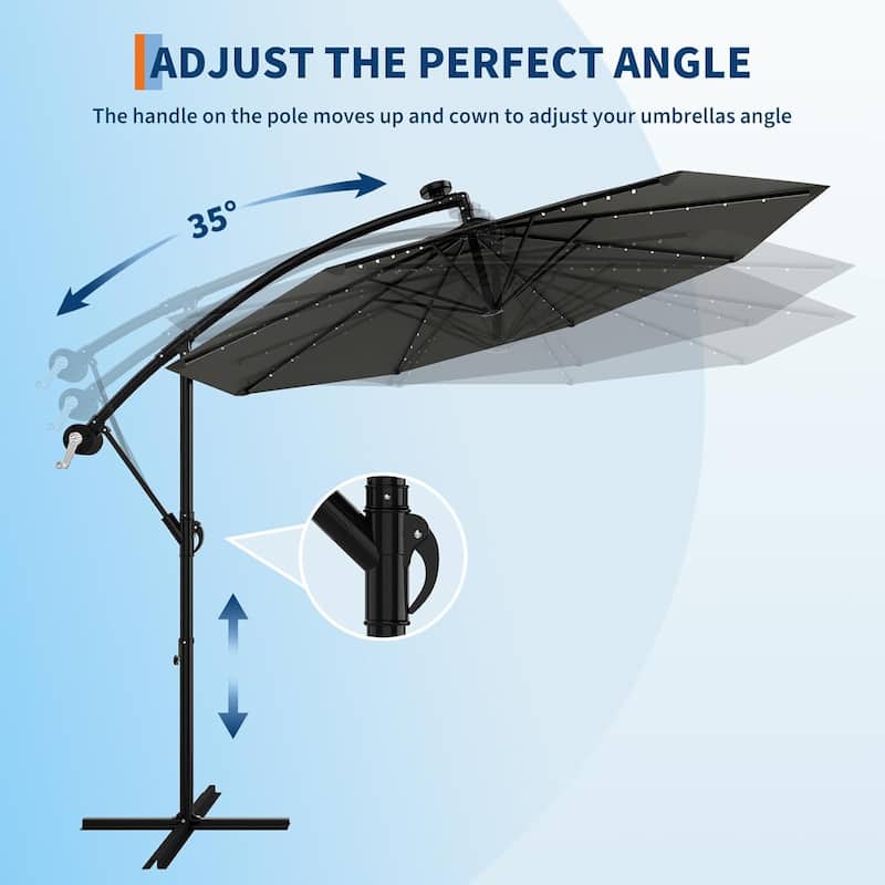 10ft Solar Lights Patio Umbrella, Cantilever Umbrella with Easy Lift and Tilt Adjustment