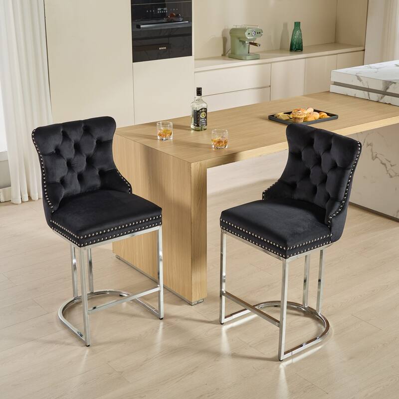 GDF Studio - Riveton Modern Velvet Upholstered Counter Height Bar Stools with Button Tufted Back & Rivet Trim (Set of 2)