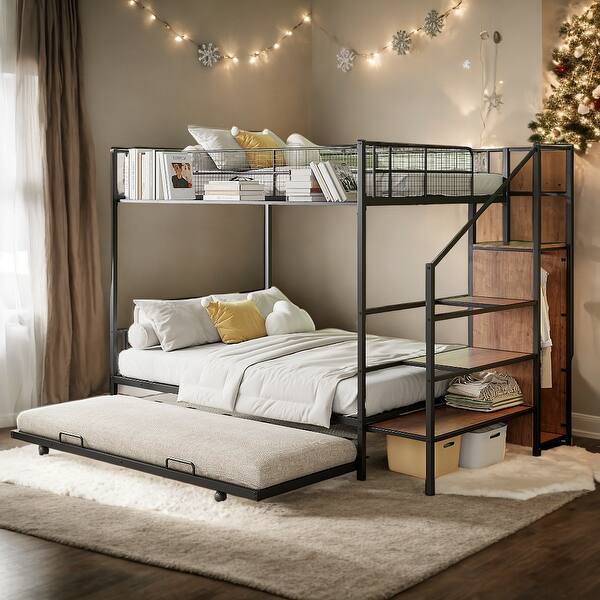 slide 2 of 28, 2 Color Twin over Full Metal Bunk Bed with Trundle and Lateral Storage Ladder and Built-in Wardrobe Black