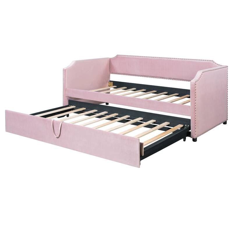 Twin Size Velvet Upholstered Daybed with Pop Up Trundle Bed, Low Profile Panel Bed Frame, 2-in-1 Daybed Design