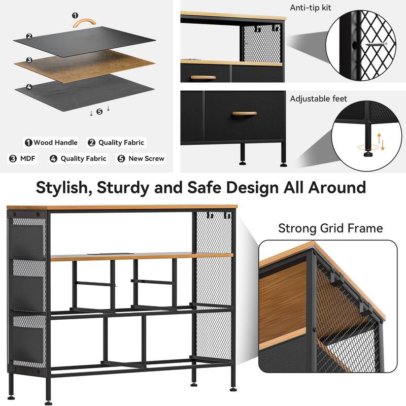 Dresser for Bedroom TV Stand with Power Outlets and LED Light, 6 Dresser with Shelves for 45" TV, PU Finish