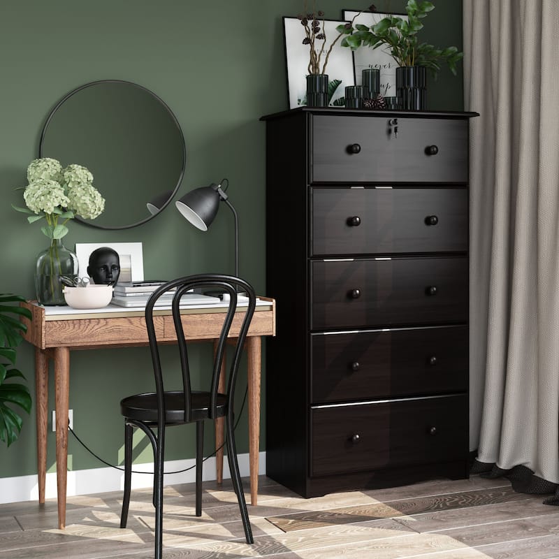 Palace Imports 100% Solid Wood 5-Jumbo Drawer Chest with Lock, Metal or Wooden Knobs - Java
