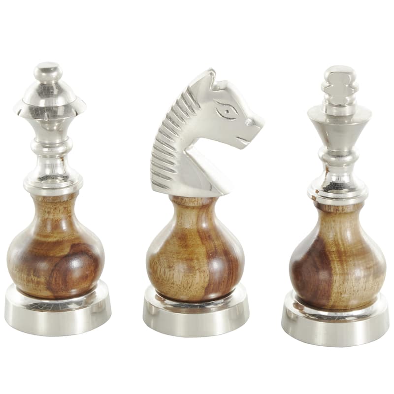 Aluminum Metal Chess Decorative Sculpture with Mango Wood Center - Set of 3 Silver or Dark Gray - Roche River Decor - Silver - 2"W, 6"H