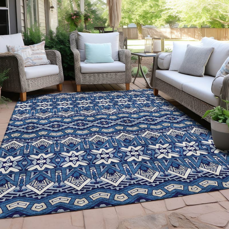 Machine Washable Indoor/ Outdoor Chantille Mosaic Global Rug - Navy - 5' x 7'6"