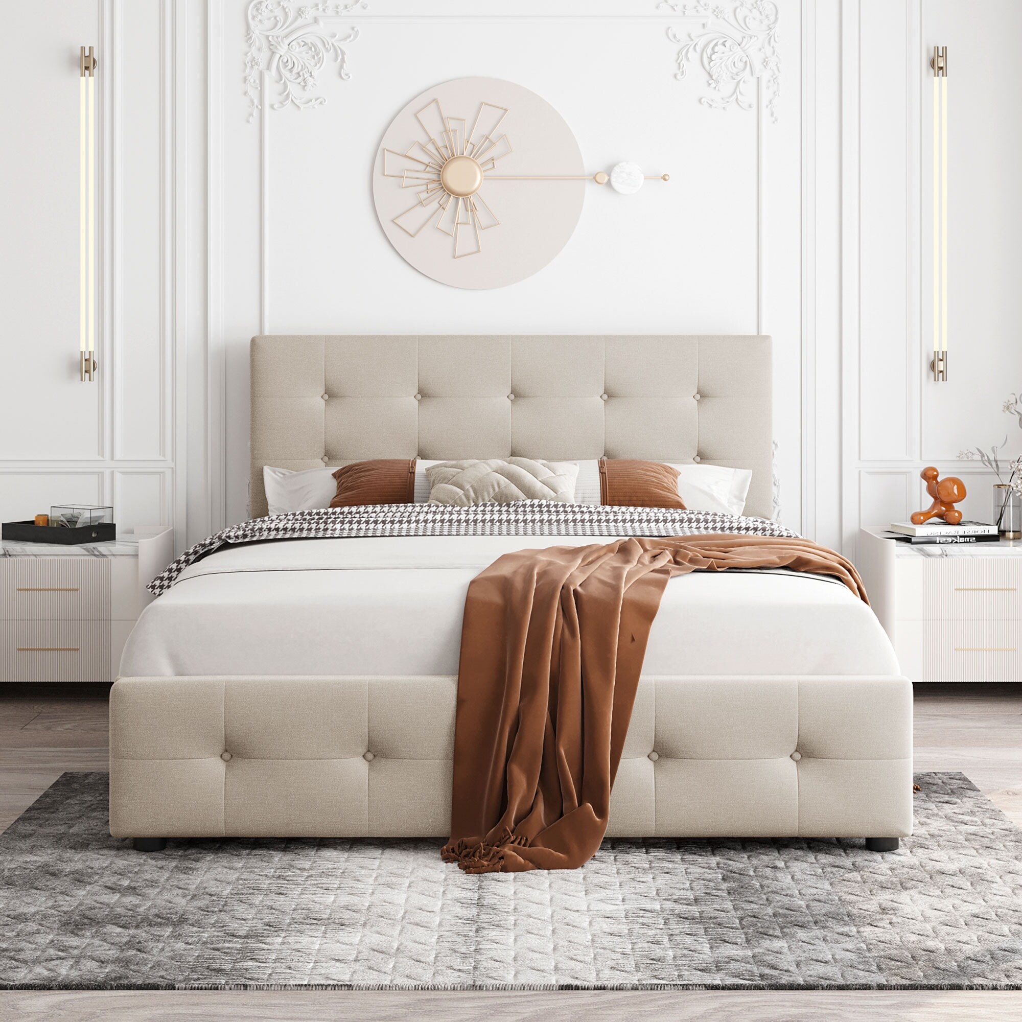 Upholstered Queen Platform Bed with Classic Headboard and 4 Drawers, Dark Beige