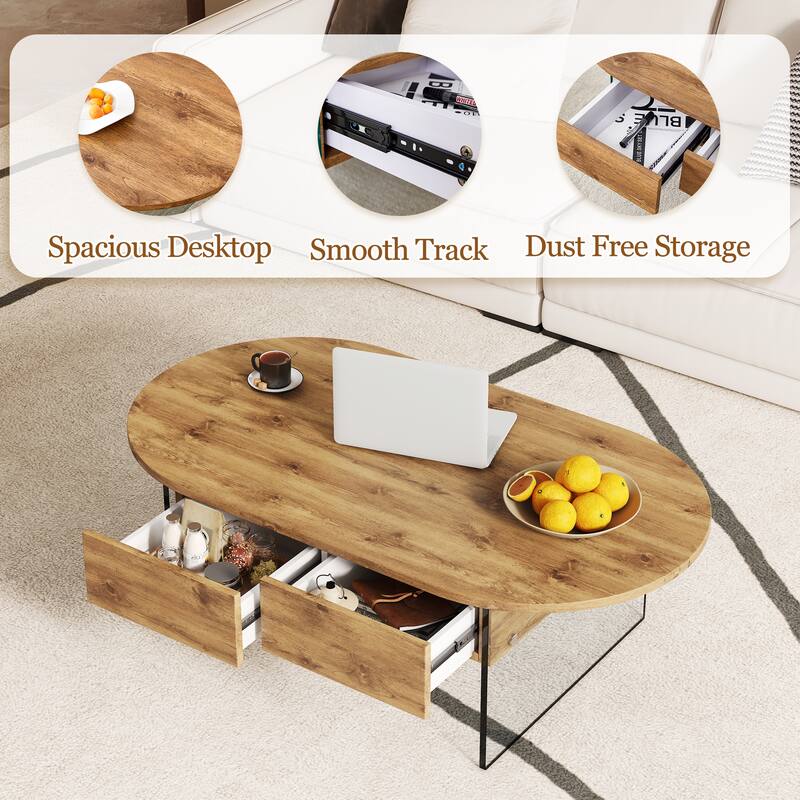 Anmytek Wood Tone Oval Coffee Table with 2 Drawers Modern Living Room Storage Centerpiece