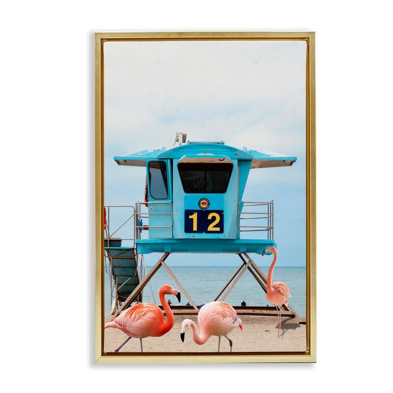 Stupell Beach Shore with Flamingoes Framed Floater Canvas Wall Art Design By Ashley Singleton - 21 x 31 - Gold