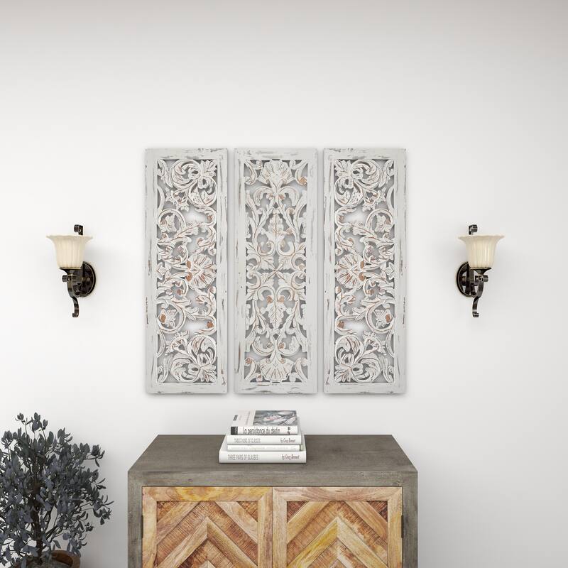 White Wooden Handmade Intricately Carved Floral Home Wall Decor (Set of 3)