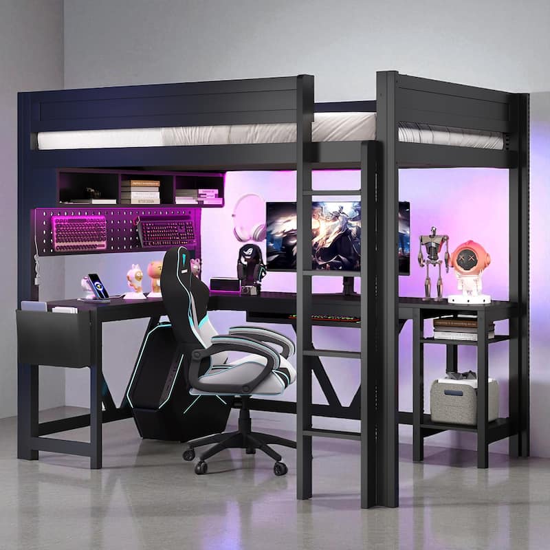 Full Size Wood Gaming Loft Bed with Desk, LED Shelves, Charging Station, Storage Shelf and Guardrails