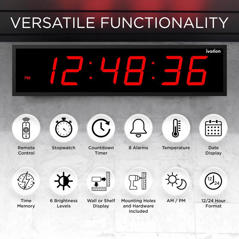 Ivation Large Digital Clock, 72" Led Wall Clock with Stopwatch, Alarms, Timer, Temp & Remote