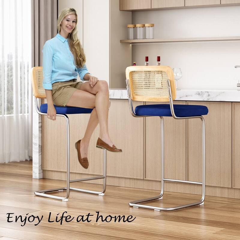 Counter Height Bar Stools Set Of 2, Upholstered Barstools With Rattan Back,30 Inch Stools Armless Bar Chairs