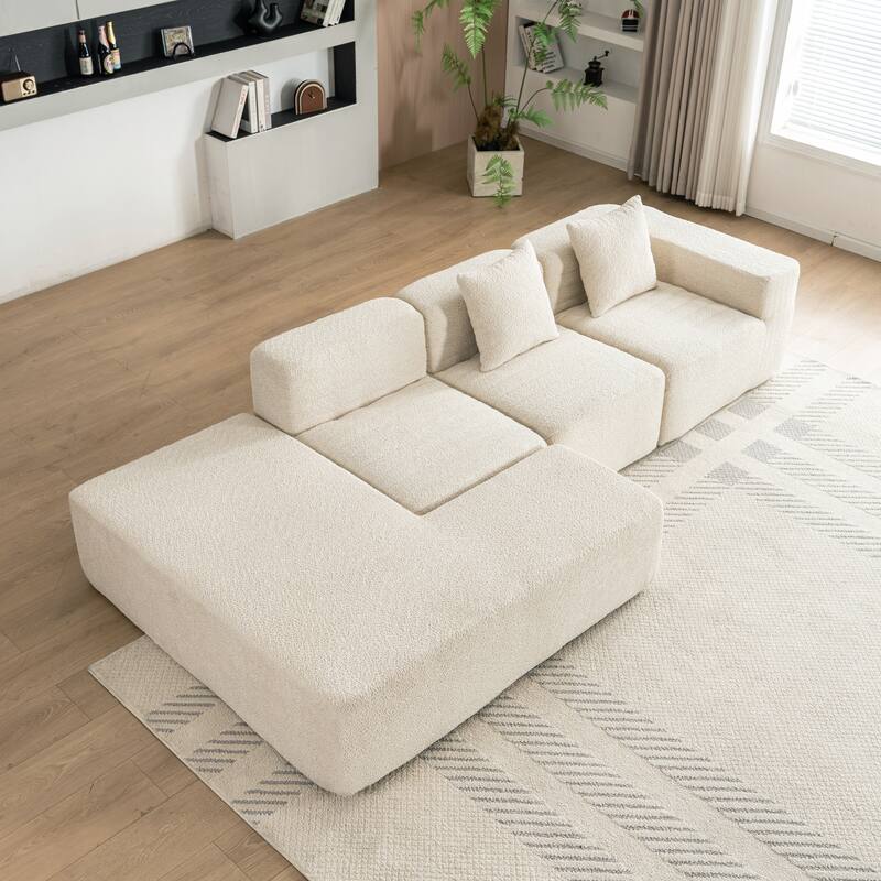 116.5" Versatile 4-Seat Sectional Sofa with Customizable 4-Piece Design in Ultra-Soft Boucle Fabric and Two Back Pillows - Beige