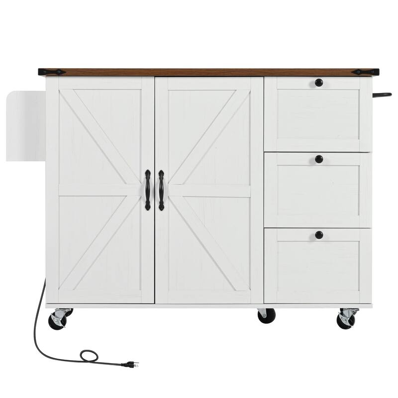 Farmhouse Kitchen Island with Power Outlet and Rolling Cart