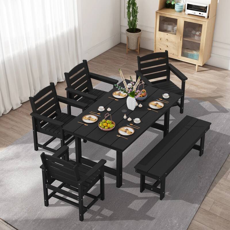 6-Piece HDPE Outdoor Dining Table Sets with Umbrella Hole - 1-Table 4-Chairs-1-Bench