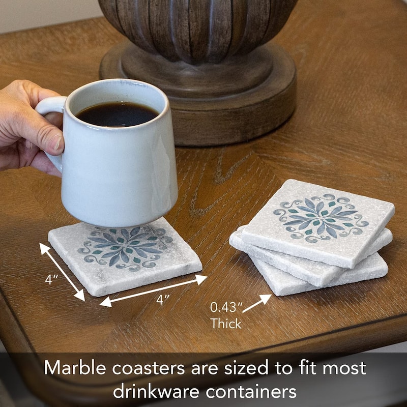 Jeweled Mandala 4 Pack Natural Marble Cork Backed Coasters 4" x 4" x 0.43" Square Manufactured in The USA