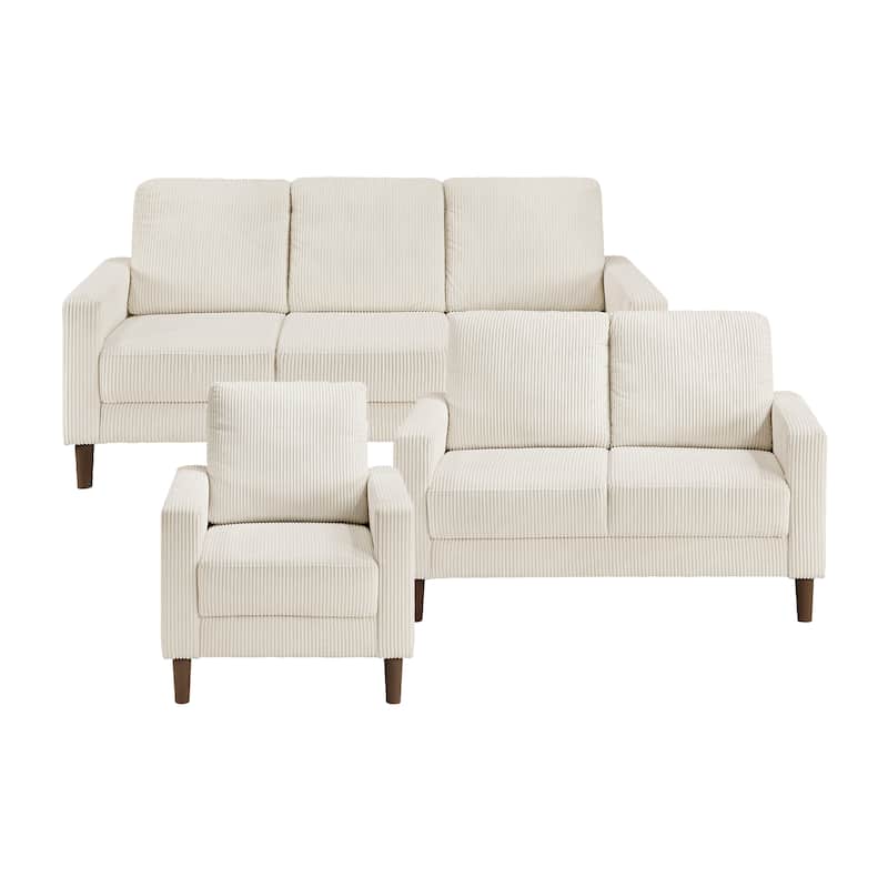 Caspian Corduroy 3-Piece Living Room Set - Wood Finish Exposed Feet - Beige