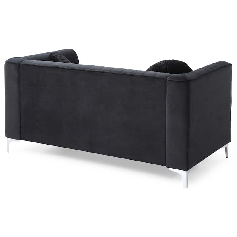 Roomfitters Velvet Loveseat, Sloped Arms, Channel-Tufted 2-Seater Sofa, Modern Glam Couch, Silver Metal Legs