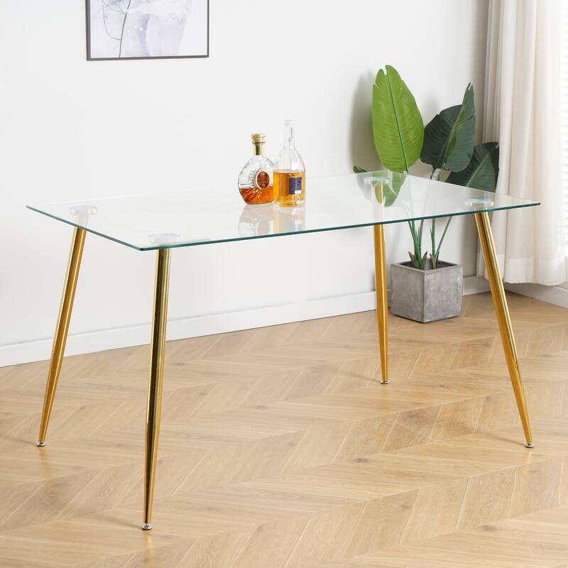 Modern Kitchen Glass Dining Table with Tempered Glass Table top,Metal Legs