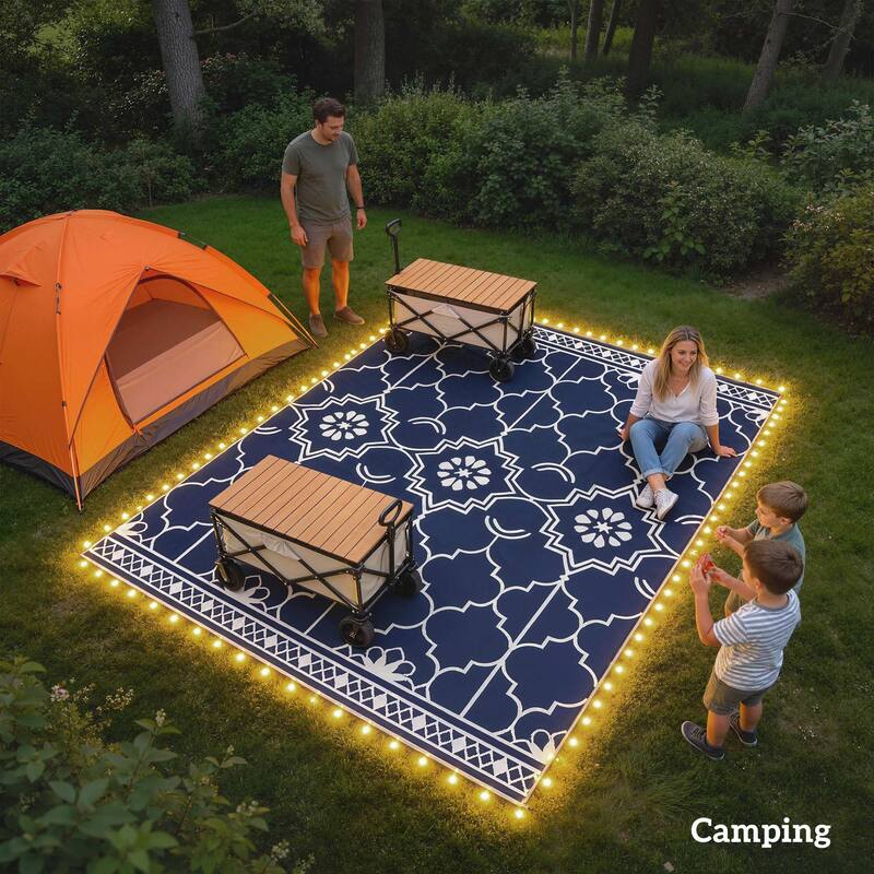 Outsunny Reversible Outdoor Rug Carpet with LED Lights, 12' x 9' PP Straw Rug, Portable RV Camping Mat - 9' x 12'