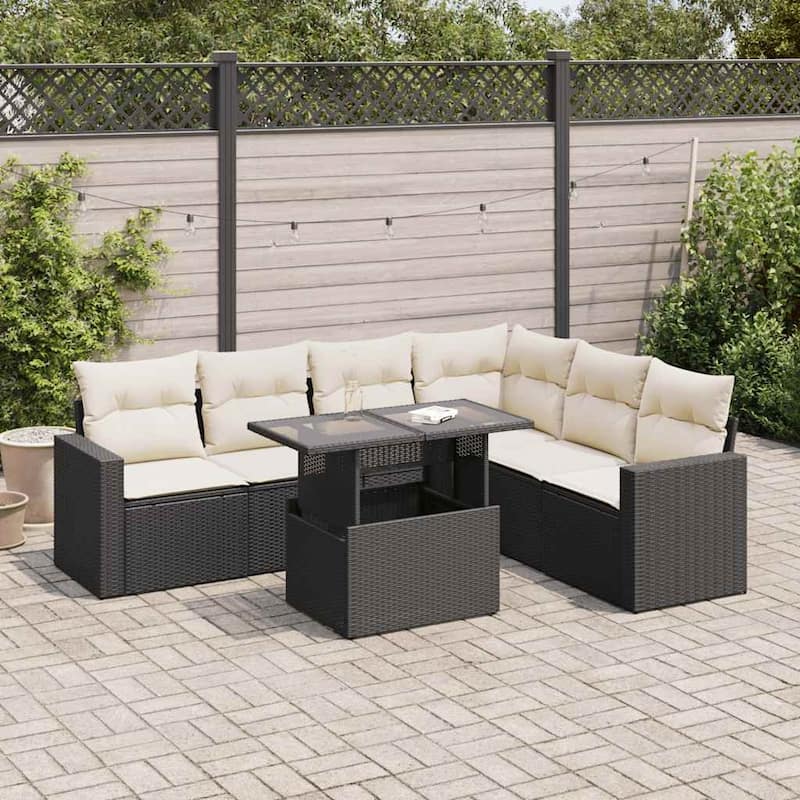 vidaXL Patio Sofa Set with Cushions Outdoor Furniture 7 Piece Poly Rattan - 21.7 x 39.4 x 28.7 - Black and Cream-with storage