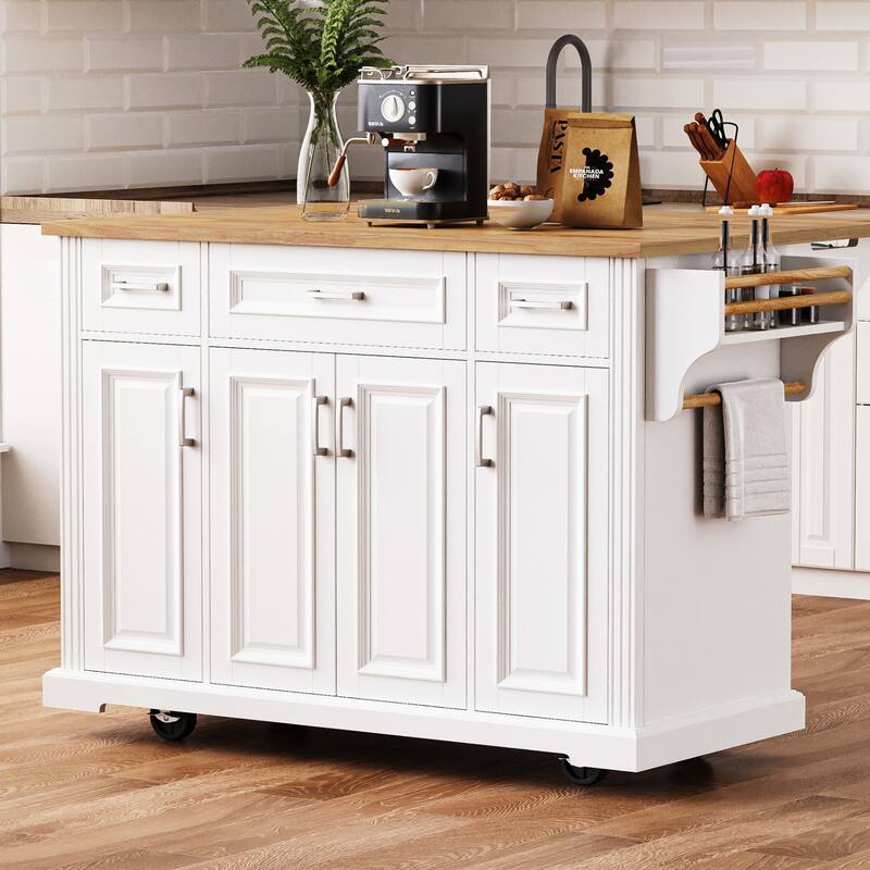 54 Inch Kitchen Island with Rubber Wood Drop Leaf and Rolling Cart Storage - White