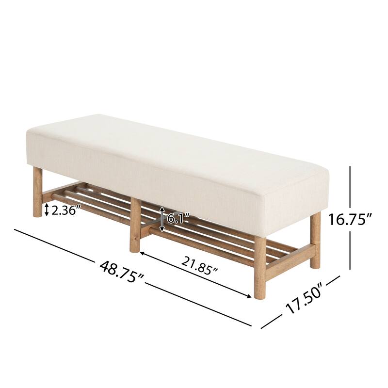 Roomfitters Rectangular Upholstered Ottoman Bench with Linen Fabric Seat and Solid Wood Legs, Beige