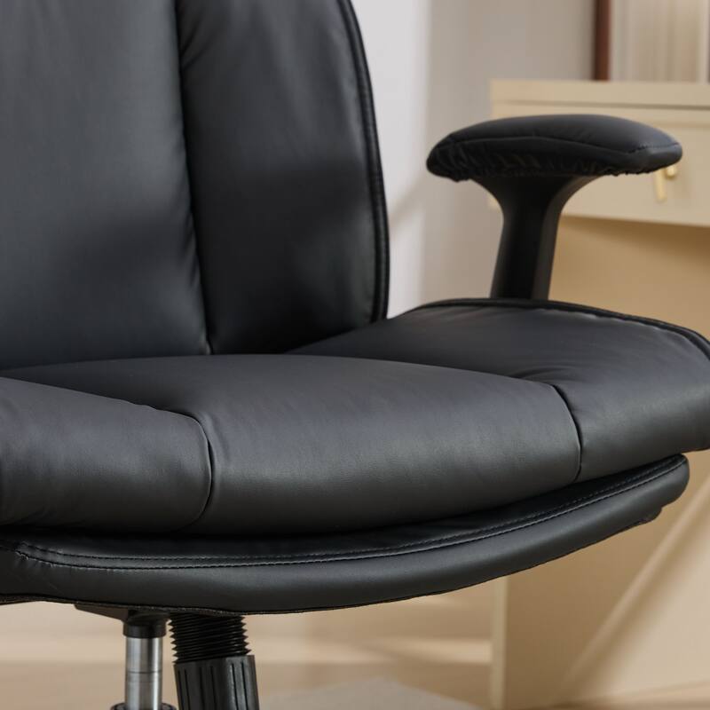 Black Leather Office Chair with Crossed Legs & Flip-Up Armrests