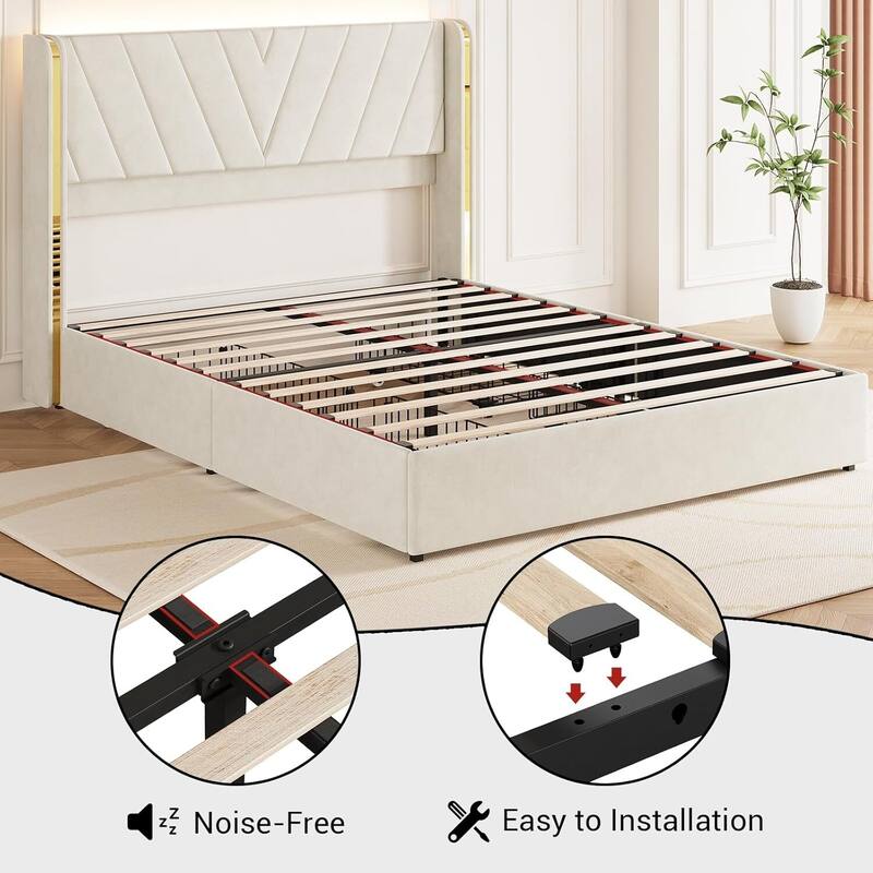 Upholstered LED Bed Frame with 4 Storage Drawers, No Box Spring Needed
