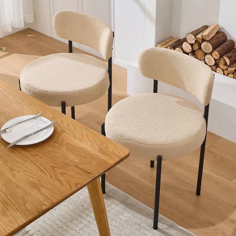 Set of 2 Modern Dining Chairs -Boucle Upholstery, Curved Backrest & Black Metal Legs