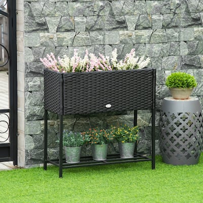 Outsunny Elevated Metal Raised Garden Bed with Rattan Wicker Look, Underneath Tool Storage Rack
