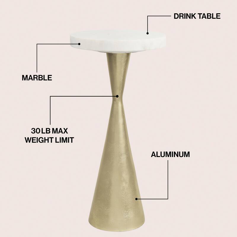 Ziggy 22" Contemporary Metal Drink & End Table w/ White Marble & Cone Base, By JONATHAN Y