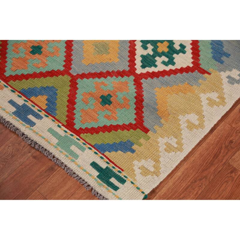 Hand Woven Oriental 100% Wool Carpet Southwestern Geometric Multi-Colored Kilim Runner Rug - 16' 2'' X 2' 9''