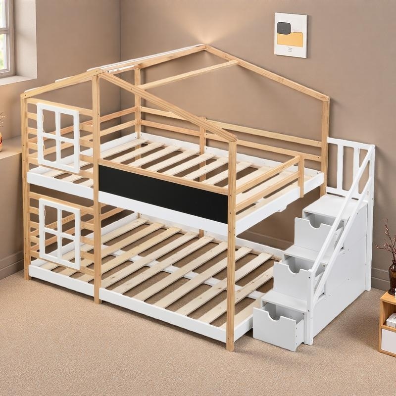 Full over Full Solid Pine Wood House Bunk Bed with Roof, Windows, Blackboard, Storage Ladder Platform Bed