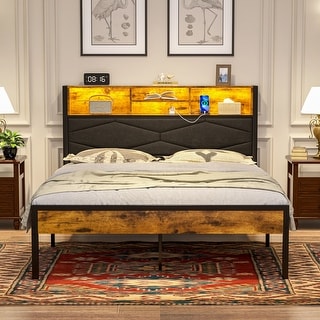 VECELO PU Leather Smart Bed Frame with RGB LED Lights and Bookcase Storage USB Outlet Charging Headboard No Box Spring