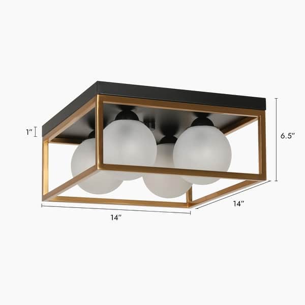 dimension image slide 1 of 2, Modern Black Gold 4-Light Square Frosted Glass Flush Mount Ceiling Lights for Kitchen - 14" L x 14" W x 6.5" H